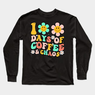 100 Days Of Coffee Chaos Groovy 100Th Day Teacher Long Sleeve T-Shirt